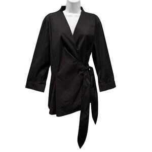 Lafayette 148 Black Wrap Poplin Blouse Minimalist Office Quiet Luxury Womens 16W